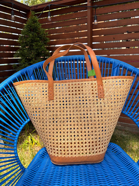 Kaima Rattan Funnel Shoulder Bag with Leather detailing