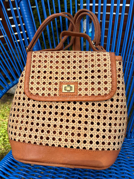 Kaima Rattan backpack with Leather detailing