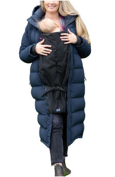 Extra long coat extension. Our coat extension systems are designed with superior quality, efficiency and style in mind.  Each coat extension expands the front of your own winter jacket to keep your pregnant belly or baby in a carrier warm throughout the winter months.  No need to sacrifice style for maternity attire or babywearing!